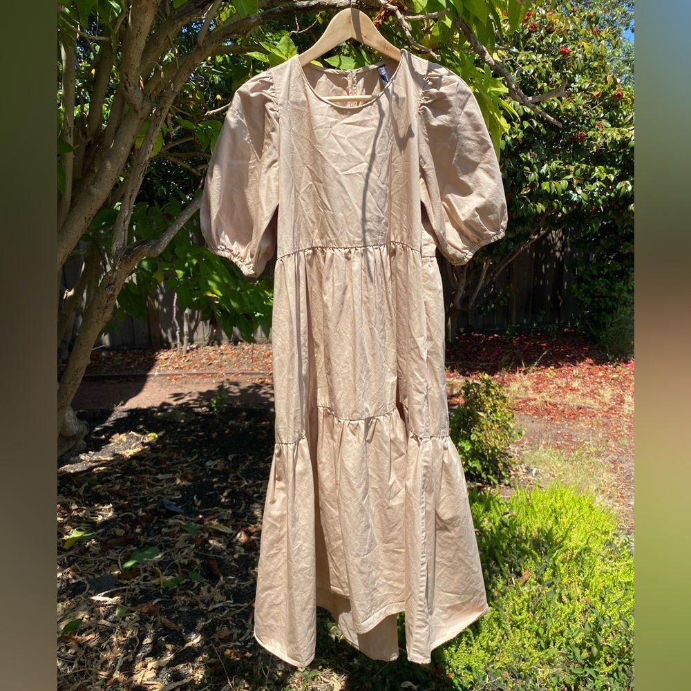 Zara Tan Ruffled Tiered Sundress Cottagecore Puff Sleeves in Poplin Cotton / EUC